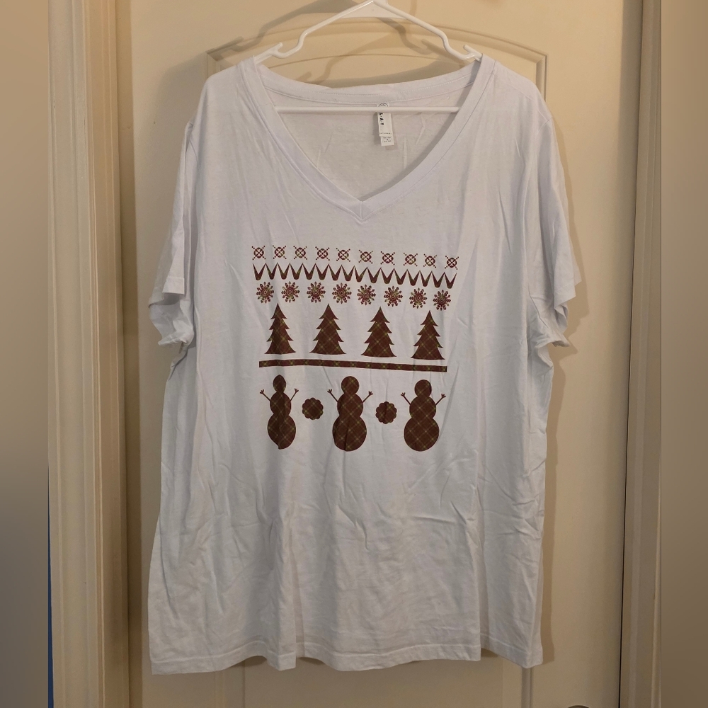 White V-Neck Holiday Graphic Tee with Plaid